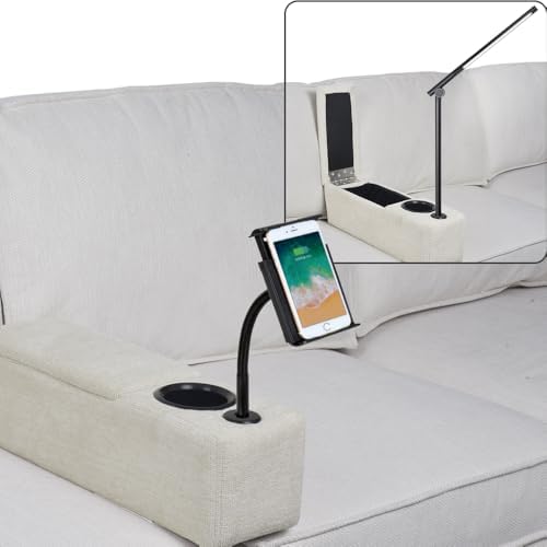 Multifunctional Couch Armrest, Sofa Armrest with Cup Holder, Removable Sofa Caddy with Storage,Equipped with LED Reading Light&Wireless Charge Stand,Almond