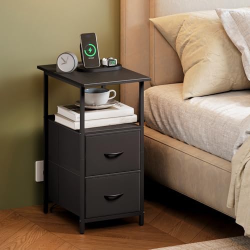 Somdot End Table Set of 2 with Charging Station, 2 Drawers, Slim Side Table