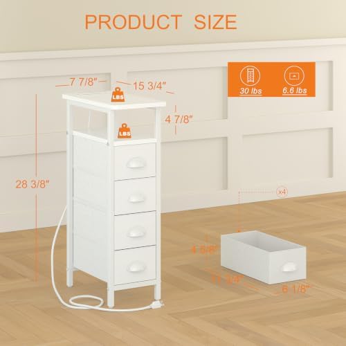 sthmec Side Table with Charging Station, Narrow End Table with 4 Drawers, Small Nightstands with Fabric Drawers,Slim Sofa Couch Side Tables for Small Spaces,Living Room,Bedroom, White
