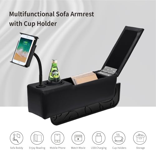 Removable Sofa Armrest with Cup Holder, PU Leather Multifunctional Couch Caddy Storage Arm Rest with Power Wireless Charging Stand & LED Reading Light for Sofa Middle Seat Parts
