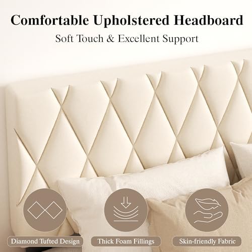 CXVX Full Size Bed Frame with Diamond Tufted Headboard, Velvet Upholstered Platform Bed and Wooden Slat Support, Noise-Free, No Box Spring Needed, Easy Assembly, Beige