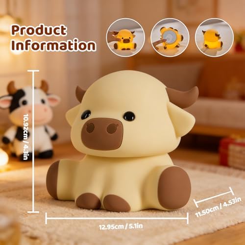 Cute Highland Cow Rechargeable Night Light, LED Touch Silicone Lamp for Bedroom with 7 Colors Timer and Dimmable Squishy Warm Night Lights, Novelty Animal Lamp for Nursery Birthday Gift