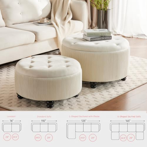 29'' & 24.5'' Round Storage Ottoman Coffee Table Set of 2, Off White