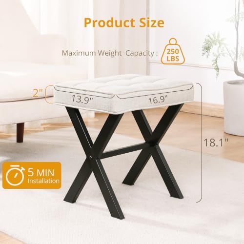 LUE BONA Ottoman Foot Stool Vanity Stool, Square Linen X-Leg Foot Rest Ottoman Makeup Stool, Small Stool Chair for Vanity, Modern Padded Vanity Seat for Makeup Room, Living Room, Bathroom, Linen Color