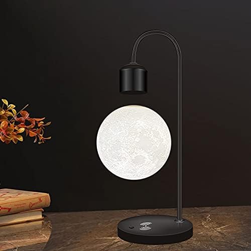 Unique Modern Levitating Lamp with Floating Light and Built-in Qi Wireless Charger, Simplistic and Innovative Design, Warm Decorative Night Light (Black Moon)