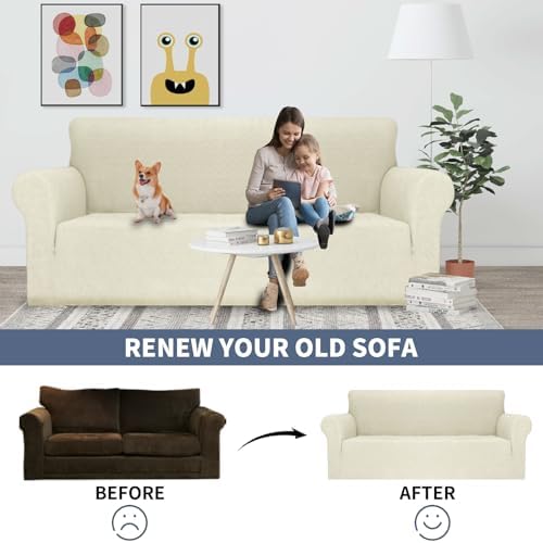 JIVINER Stretch Sofa Covers 1 Piece Couch Covers for 3 Cushion Couch Sofa, 3 Seater Sofa Slipcovers Furniture Protector with Elastic Bottom for Kids, Pets (Large, Beige Rhomb)