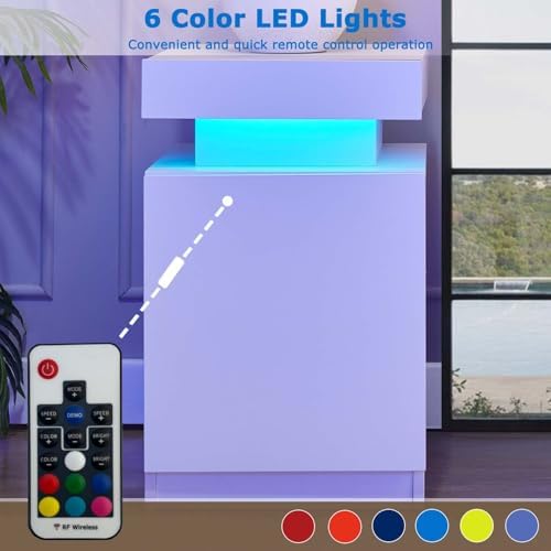 Nightstand with LED Lights Set of 2, 2 Pieces Bedside Tables with Storage Cabinet, Modern End Tables for Bedroom, White