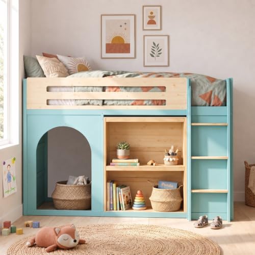 LUMISOL Full Size Loft Bed with Storage and Bookshelf, Playhouse Wooden High Sleeper Bed with Guardrails and Ladder, Space Saving Loft Bed for Kids Boys and Girls, Blue