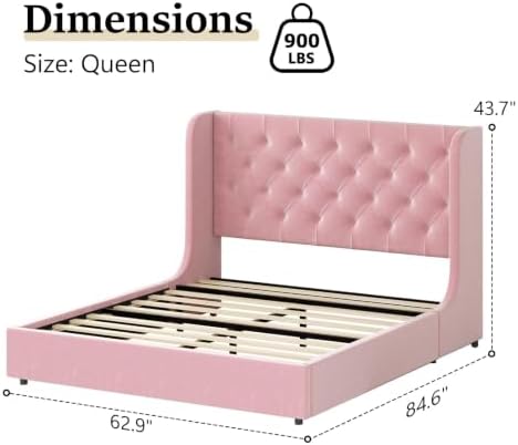 HOMBCK Full Size Bed Frame with Velvet Upholstered Headboard, Pink