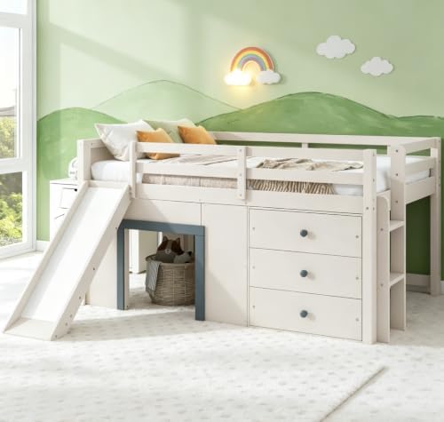 Bellemave Full Low loft Bed for Kids,Wood Modern Farmhouse Full Loft Bed with Slide and Drawer Storage, Beige+Grey
