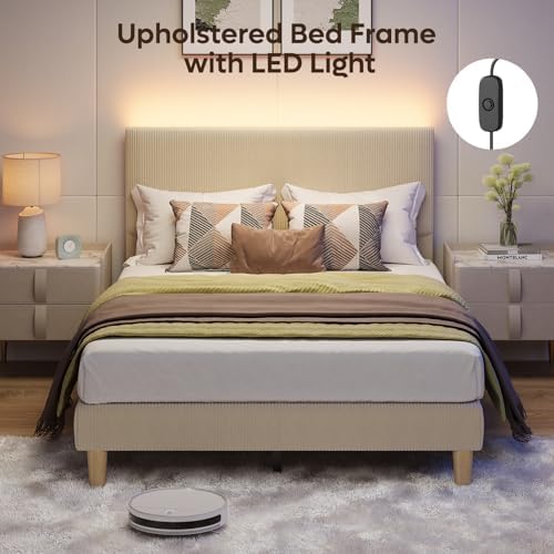 Bestier Full Size Bed Frame with Adjustable Headboard,LED Light,Taupe