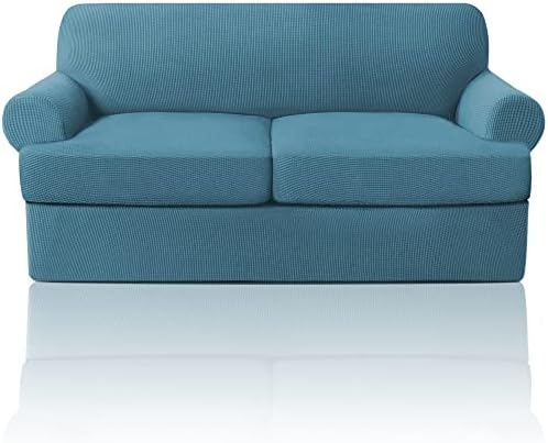 PrinceDeco T Cushion Loveseat Slipcover - 3 Pieces Sofa Cover for 2 Cushion Couch with 2 Individual T Shape Seat Covers Width Up to 76 Inch - Stretch, Machine Washable, Storm Blue