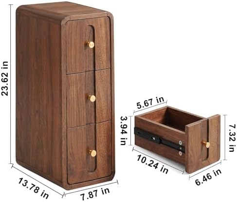 Narrow Nightstand Set of 2, Small Bedside Table with 3 Drawers, Mid Century Modern Skinny Night Stand with Storage, Wood Slim Side Table for Bedroom, Small Spaces, Living Room (Walnut-2pcs)