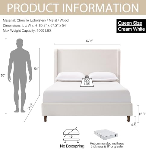 54" Tall Headboard Upholstered Platform Bed Frame with Wingback, Modern Farmhouse & Mid-Century Tufted Fabric Bed with Solid Wood Legs, Heavy Duty 1000 lbs Support, No Box Spring Needed, Easy Assembly