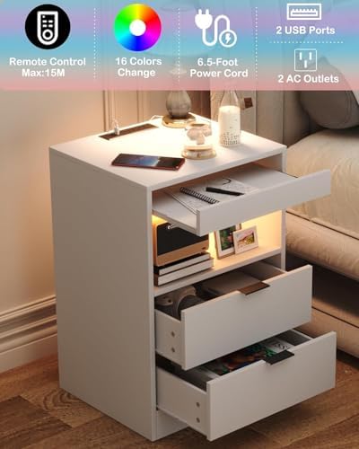 Yusong Night Stand, LED Nightstand with Charging Station, White