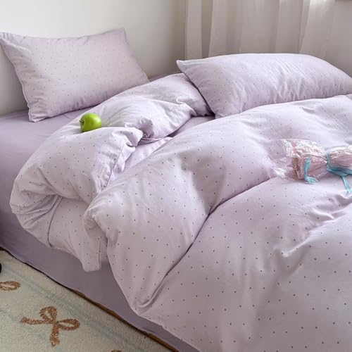 Purple Polka Dot Duvet Cover Set Twin 3 Pcs,Cotton Muslin,68"×86"