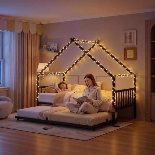 LIKIMIO Daybed with Trundle, House Twin Bed Frame for Bedroom, Black
