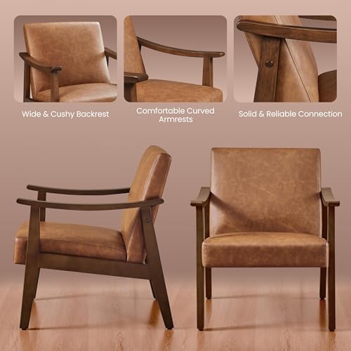 Yaheetech Accent Chairs Set of 2, Mid-Century Faux Leather Armchairs Brown