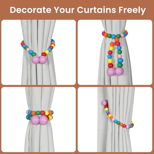 KLOGTSIND Magnetic Curtain Tiebacks, 4 Pack Wood Bead Curtain Holdbacks