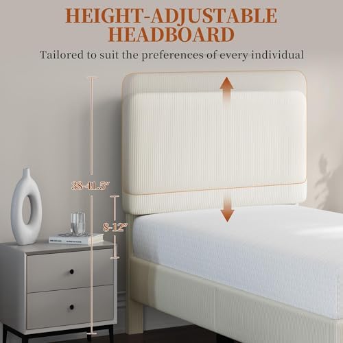 Yaheetech Twin Bed Frame, Adjustable Chenille Upholstered Headboard, Beige