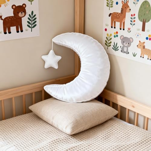 Moon Pillow Decorative Throw Pillows with Soft Faux Velvet for Couch Cute Cushion for Bedroom Office White