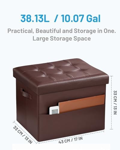 Bsketa Storage Ottoman Bench,17 Inch Folding Leather Foot Rest Stool, Brown