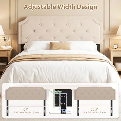GIANTEX Headboard with Charging Station, Queen/Full Size Diamond Tufted Upholstered Head Board w/2 AC Outlets, USB & Type-C Port, Rubber Wood Legs, Width Adjustable Modern Bed Headboard Only (Beige)