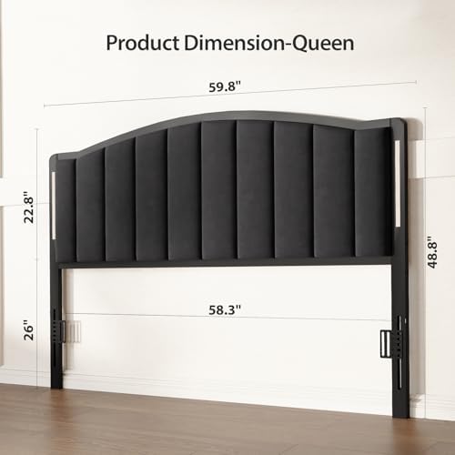 Upholstered Tufting Headboard for Queen Size Bed with Lights, Black