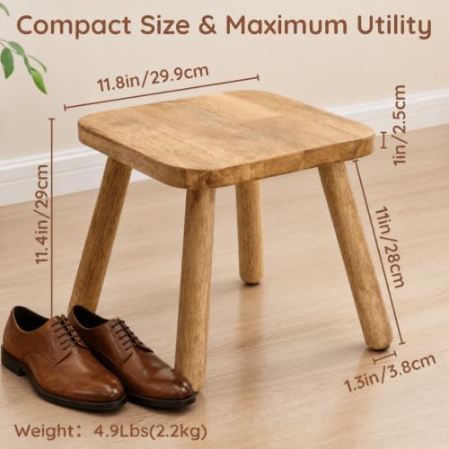 Youeon 12 Inch Square Solid Wooden Step Stool, Non-Slip One Step Stool for Adults, Holds up to 300 Lbs, Portable & Sturdy, Footstool for Bedroom, Bathroom, Kitchen, Easy to Assemble