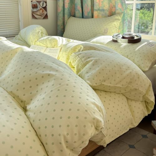 Green Polka Dot Duvet Cover Twin Size 3 Pcs,Muslin Bedding 68"×86"