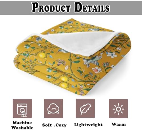 Mustard Yellow Lemon Bird Floral Throw Blanket for Couch, Cottagecore Home Decor, Chinoiserie Hummingbird Botanical Throw Blanket for Bedroom Living Room Home Decoration, 50x60 Inches