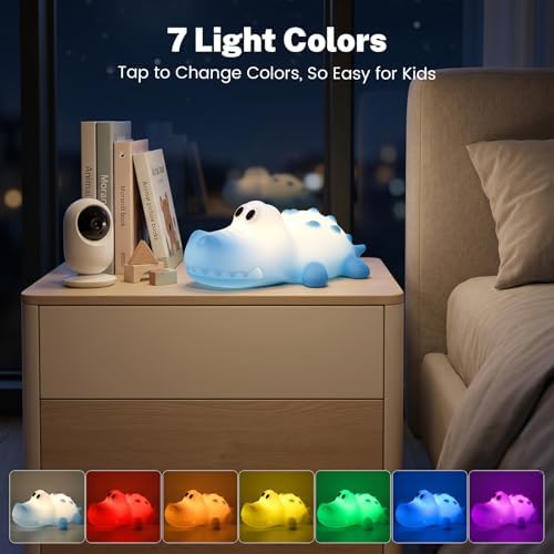AVEKI Crocodile Night Light for Kids, Silicone Touch Bedside Lamp (Blue)