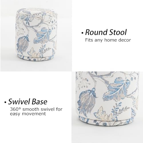 15.7" Swivel Vanity Stool, Floral Velvet Round Ottoman, Blue