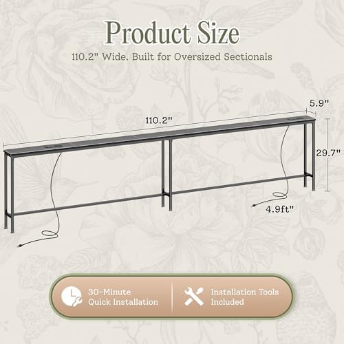 Huuger 110.2 Inch Behind Couch Table with 2 Power Outlets and USB-C Ports, Extra Long Narrow Sofa Table for Sectional Sofa, Skinny Console Table with Anti-Bump Pads, for Living Room, Grey