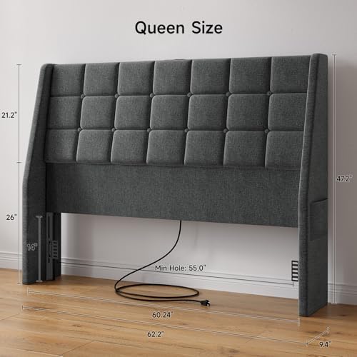 ONBRILL Ergonomic Headboard Queen Size with Charging Station, Dark Grey