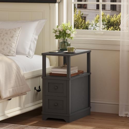Farmhouse Slim Side Table with 2 Drawers, Wood Black End Table,