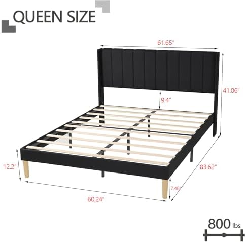 Queen Size Bed Frame with Linen Upholstered Headboard, Black