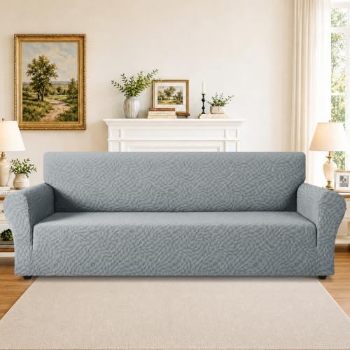 ZNSAYOTX 1 Piece Stretch Oversized Sofa Covers (91"-112"), New Plaid Couch Cover with Non-Slip Buckle for Dog Pets, Ultimate Soft Cozy Washable X-Large Sofa Slipcover Form Fit Protector, Light Grey