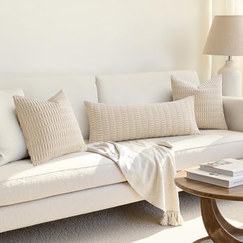MIULEE Lumbar Corduroy Throw Pillow Cover for Bed 14x36 Cream White