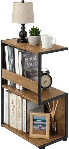 Bookshelf, Small End Table, S Shape Bookcase W/ 2-Layer Storage Shelves, Sofa Side Table for Small Spaces, Nightstand for Bedroom, Living Room, Stable Frame, Oak