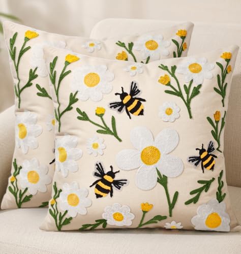 Embroidered Throw Pillow Covers 18x18 Inch, 2Pack, Flower Bee