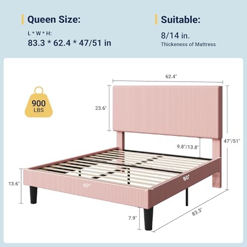 Allewie Queen Bed Frame, Corduroy Tufted Headboard, Light Pink