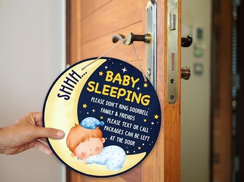 Shhh Baby Sleeping Hanging Sign, Moon Wooden Round Door Hanger For Baby Boy Room Front Door Nursery Kids Bedroom, Please Do Not Knock Or Ring Doorbell Sign For Outdoor Porch -03