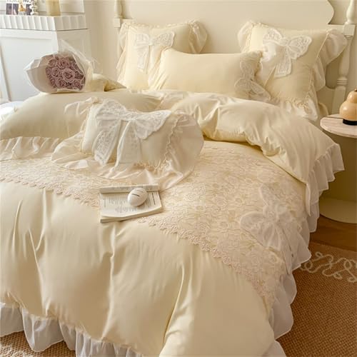 MOOWOO Lovely Bow Chic Duvet Cover Set- Ruffle Lace Polyester Comforter Cover -Girl French Princess Style Bedding-2 Piece Twin Duvet Cover with Zipper Closure -No Comforter-Yellow,Twin Size