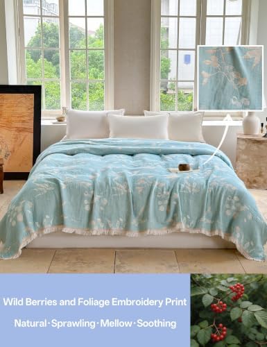 FALUCA Muslin Cotton Throw Blanket Boho Floral Jacquard with Fringe, 90 * 90 Foliage Pattern, Reversible Soft Breathable Cover for Couch Sofa Bedroom Vintage Farmhouse Home Decorative, Beige&Blue