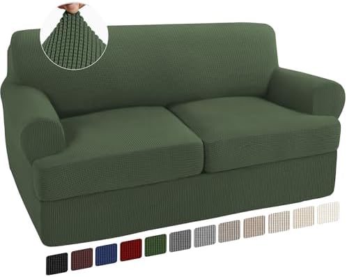 Turquoize 3 Piece T Cushion Loveseat Slipcovers Sofa Cover for 2 Cushion Couch Cover Washable Sofa Slipcover Furniture Covers with 2 Individual T Cushion Seat Covers(2 Cushion Loveseat, Bronze Green)