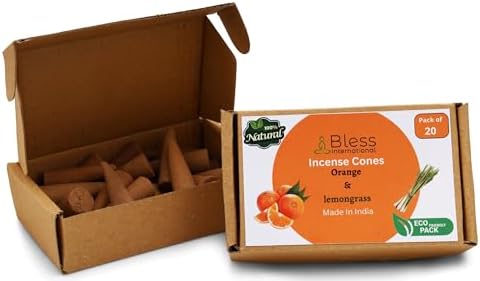 Bless-International Orange and Lemongrass 100%-Natural-Incense-Cones Handmade-Hand-Dipped Organic-Chemicals-Free for-Purification-Relaxation-Positivity-Yoga-Meditation (20 Count)