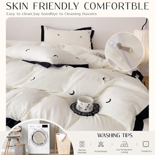 Beige Moon Duvet Cover Set Queen Size 3 Pcs(1 Duvet Cover with 2 Pillowcases),Soft Brushed Wash Fall Winter Warm Comforter Covers with Ruffles,Twin Bedding Set for Teen Girls 90"×90"