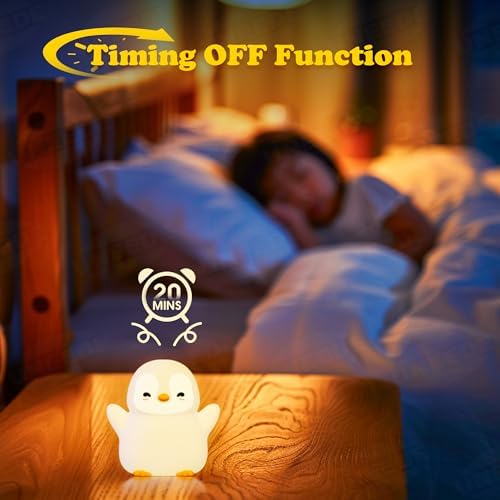 UNEEDE Standing Penguin Night Light with Detachable Bunny Hat - Rechargeable Silicone Touch Lamp, 2-Level Dimmable, 20-Min Timer, Nursery Decor for Kids & Holiday Gifts