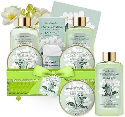 Bath Gift Baskets for Women, 9pc Jasmine Spa Gifts Set for Women, Self Care & Body Relaxing, Birthday Gift Basket, Mother's Day Gifts, Christmas, Anniversary Bath Gift Set